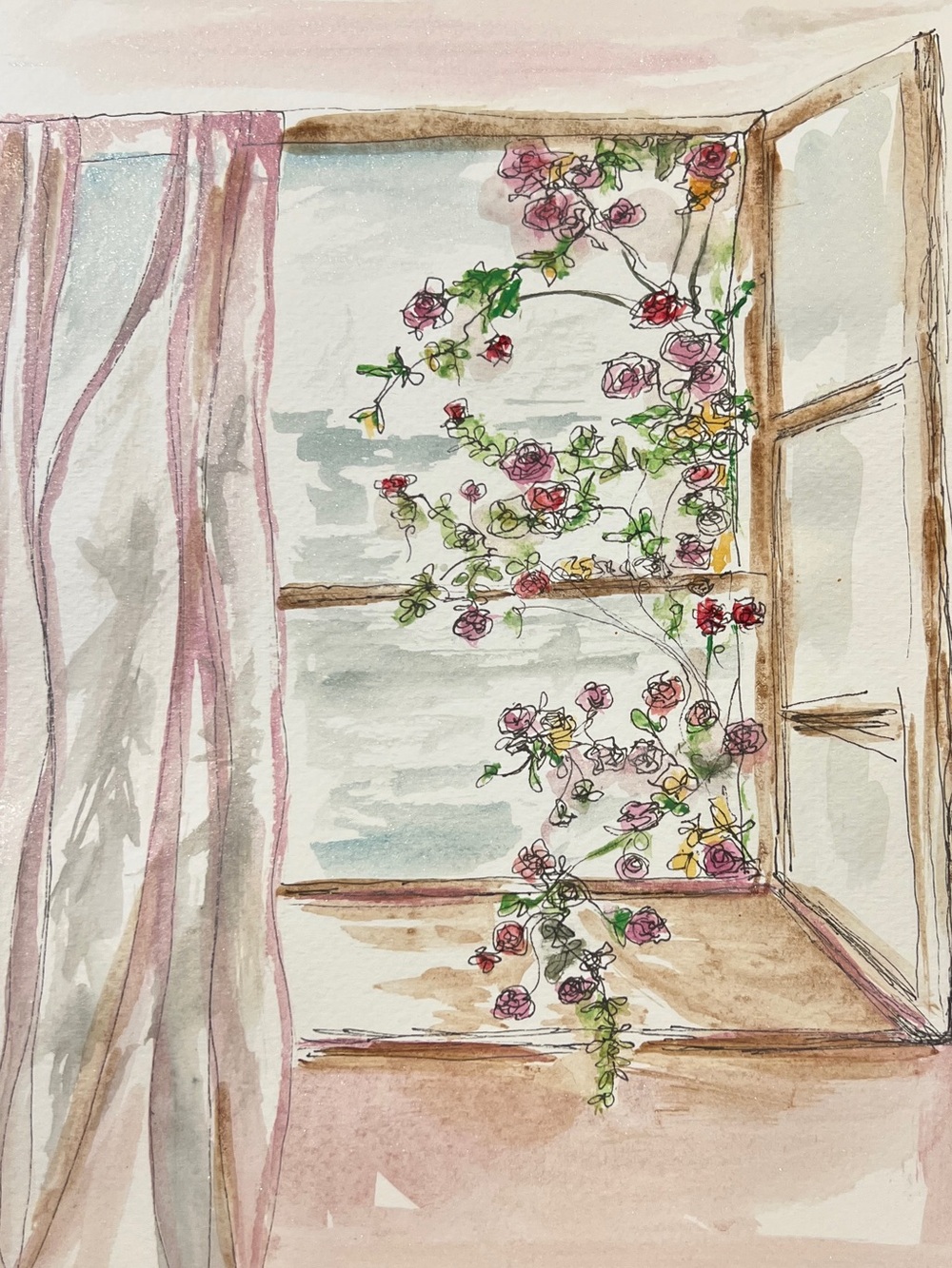 Watercolor Window with Climbing Pink Roses wall art handpainted